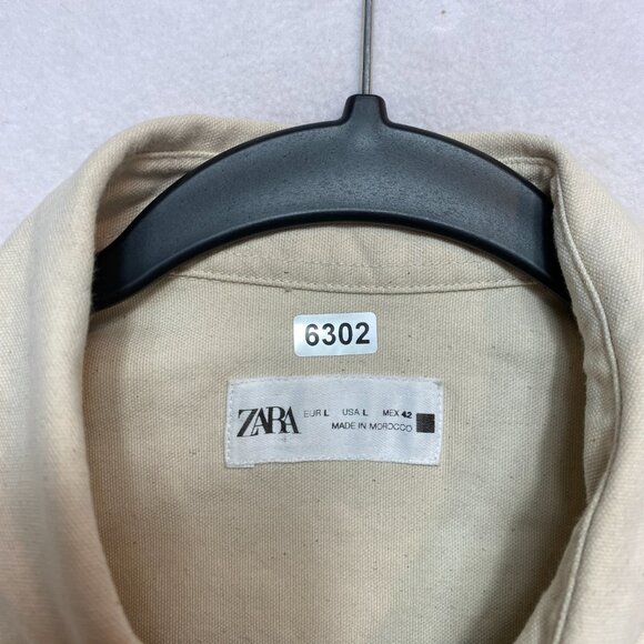 Zara Shirt Mens L Beige Long Sleeve Canvas Button Up - Picture 6 of 11